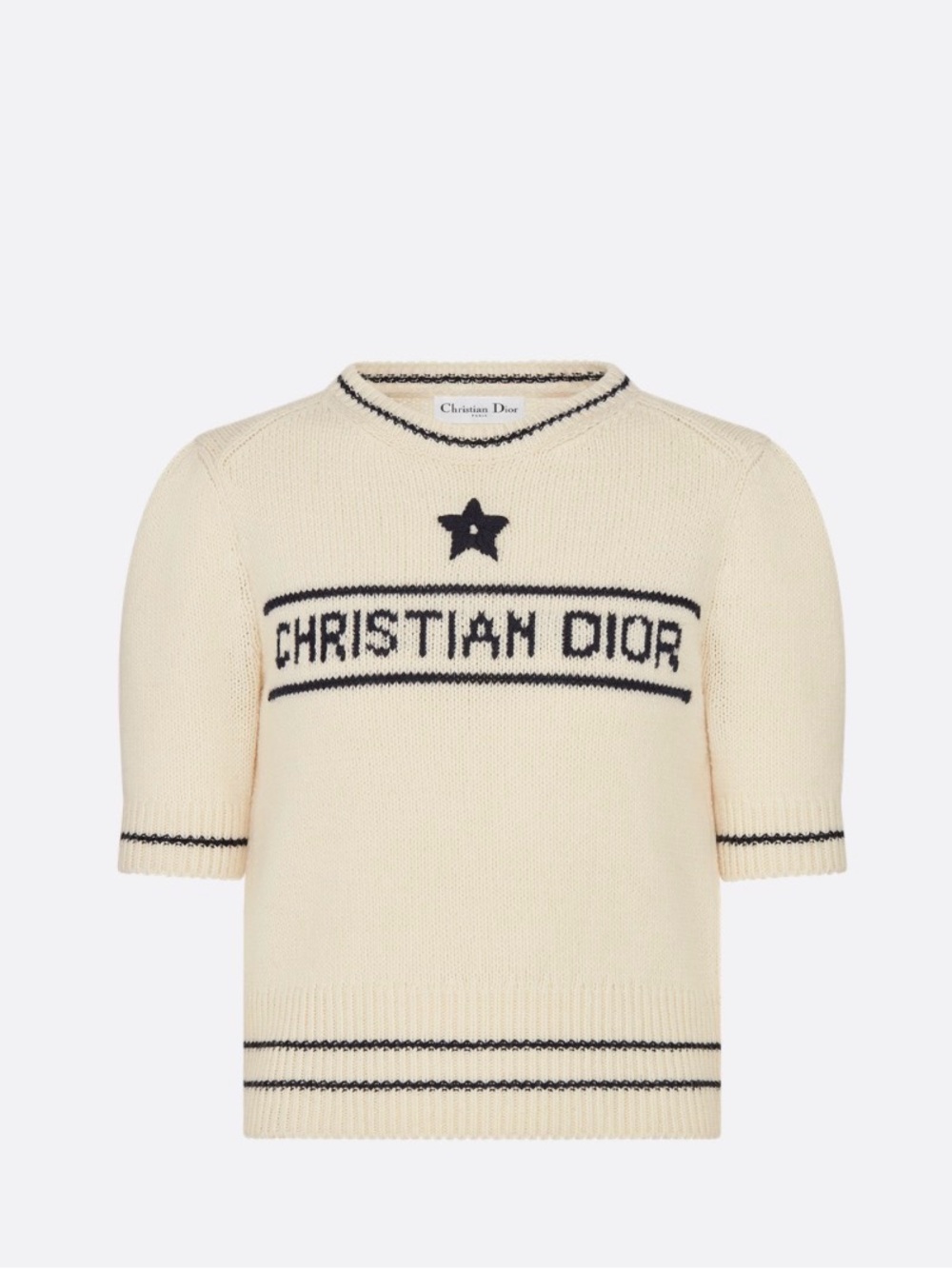 Dior Cream Knit Kids Short Sleeve Sweater with Navy Logo Band